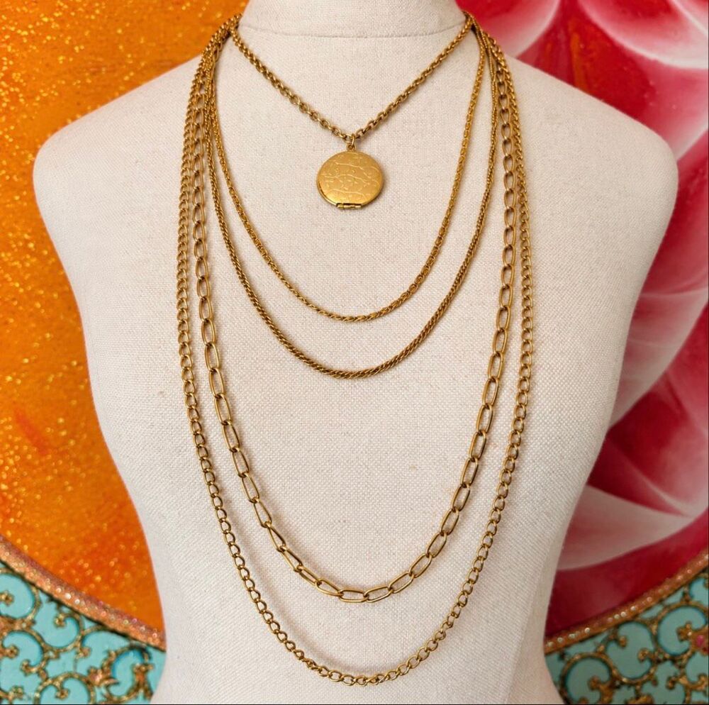 Vintage Gold Tone Multi Strand Chain Photo Locket Necklace Ornate Floral Clasp